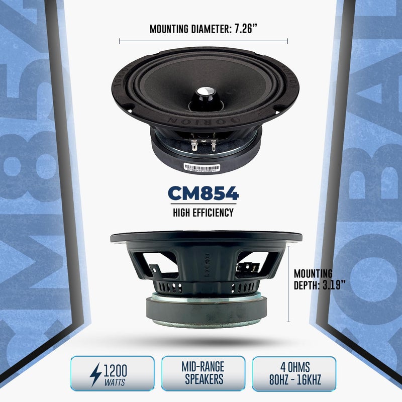 Orion مكبرات صوت أورين كوباالت CM854 عالية الكفاءة 8 بوصة، 1200 واط أقصى طاقة، 300 واط RMS، 4 أوم، 1.5 بوصة لفائف صوت - نظام صوتي احترافي للسيارات، مكبرات صوت متوسطة المدى (زوج)  - Image 3